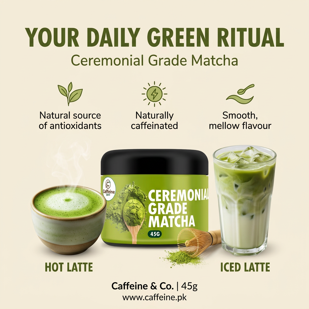 Matcha benefits visual featuring Caffeine & Co. Ceremonial Grade Matcha with hot and iced lattes