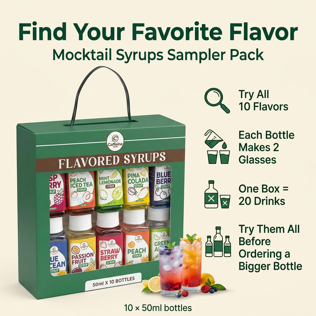 Mocktail Syrups Sampler Pack featuring all 10 flavors, two glasses per bottle, 20 drinks per box, and trying flavors before buying a bigger bottle