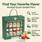 Mocktail Syrups Sampler Pack featuring all 10 flavors, two glasses per bottle, 20 drinks per box, and trying flavors before buying a bigger bottle