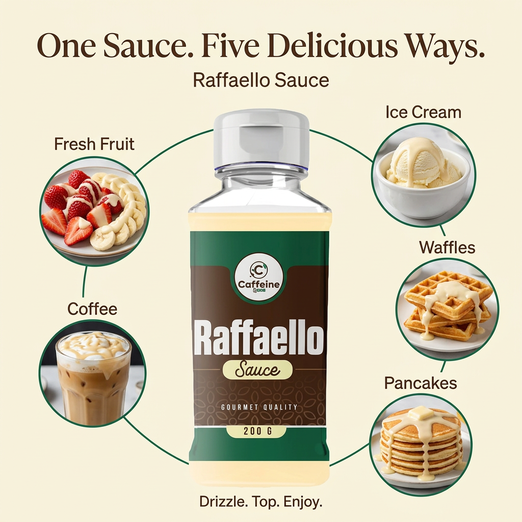 Raffaello Sauce infographic with five labelled serving ideas