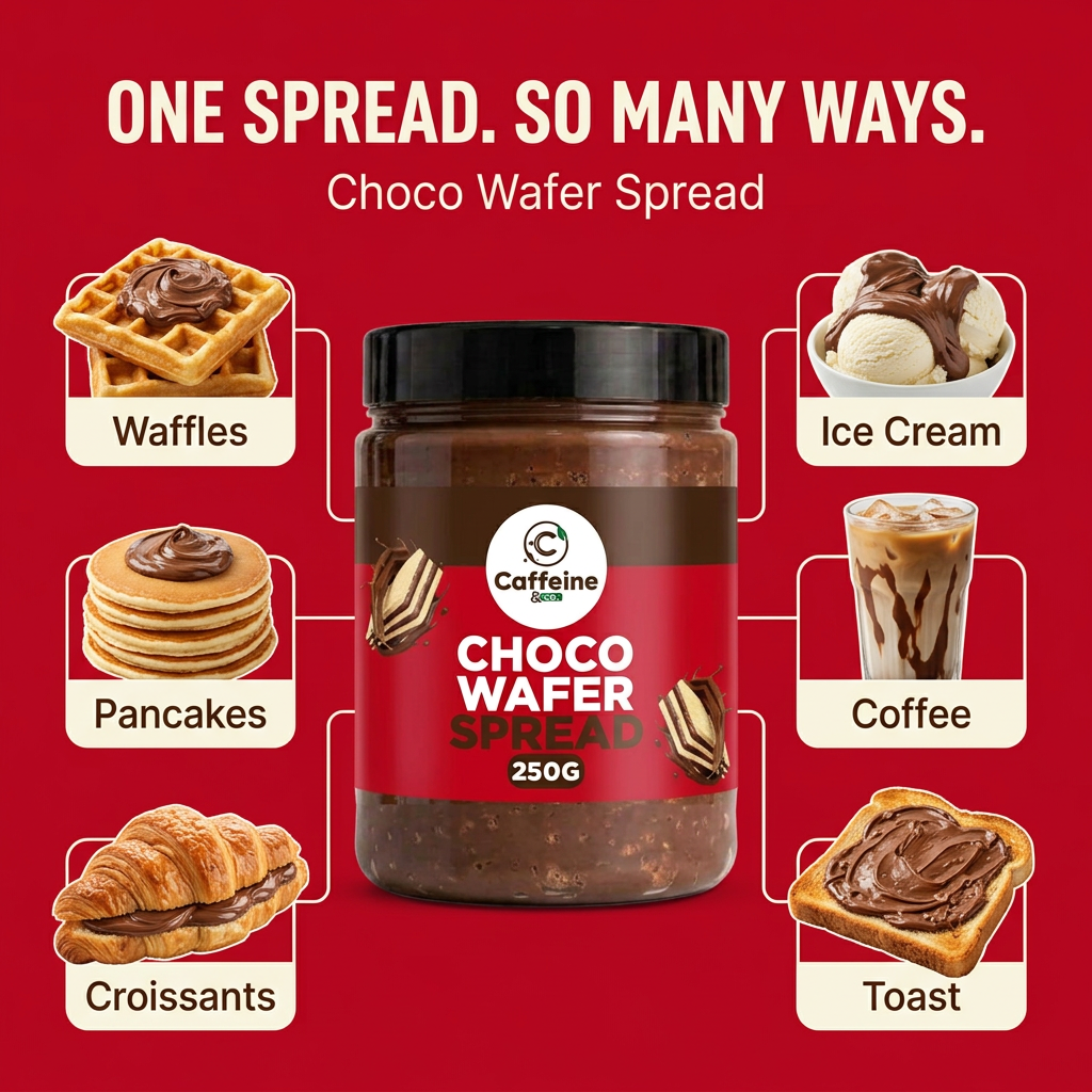 Square red Choco Wafer Spread infographic featuring toast and five other serving ideas